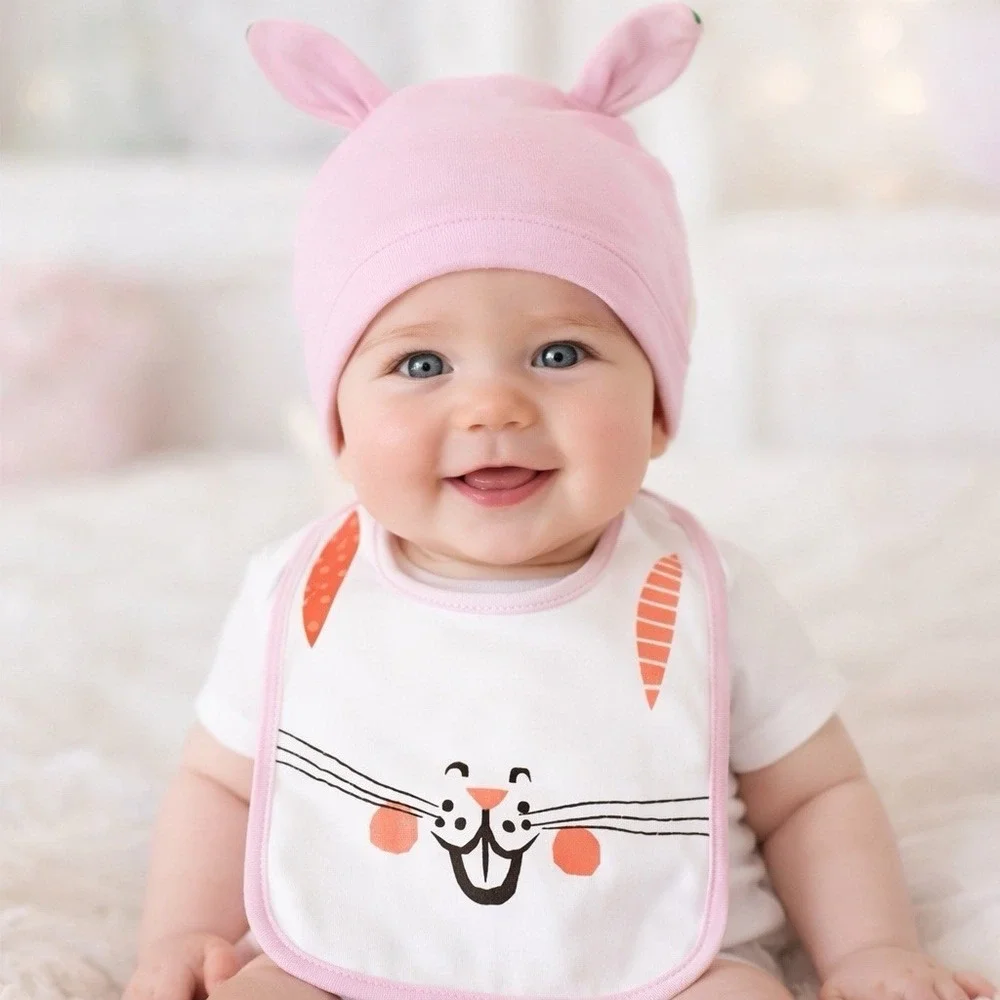 Baby Easter Bunny Hat & Bib Set Pink Rabbit Ears One Size NEW